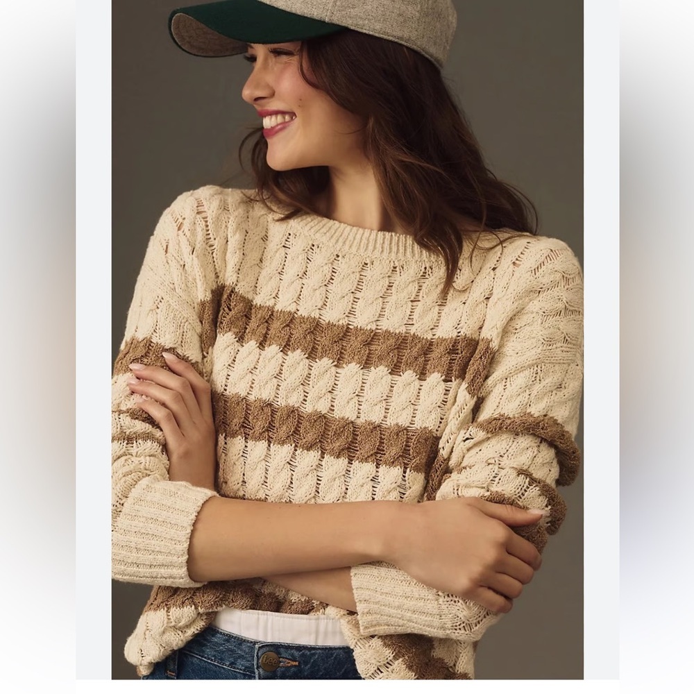 Anthropologie Cream and Brown Striped Sweater